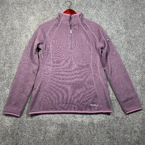 Eddie Bauer Top Womens Medium Purple Knit 1/4 Zip Pullover Sleeve Pocket Logo